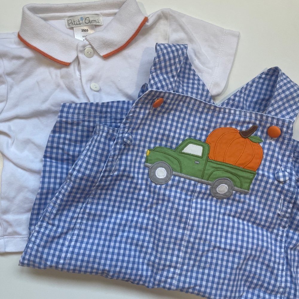 Petit Ami Checked Chambray Overall & Woven Shirt Set - Size 6M